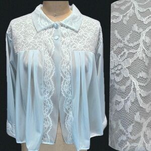 VINTAGE mid century nylon bed jacket bedroom coat pastel lace rounded collar 60s